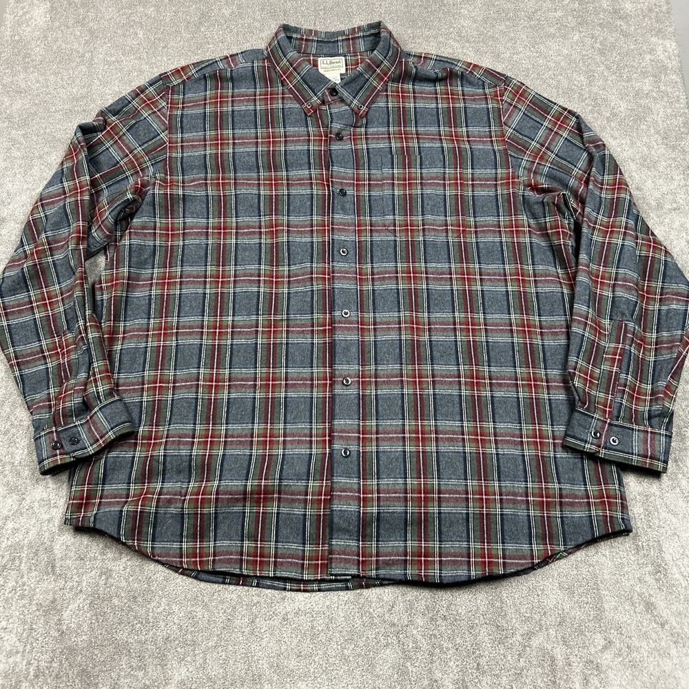 LL Bean Flannel Shirt Mens 2XL Trad. Fit Button Down Gray Red Plaid Outdoor Warm